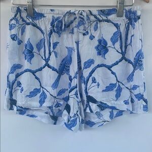 Piyama Blue and White Bird Floral Sleep Shorts Sleepwear Small